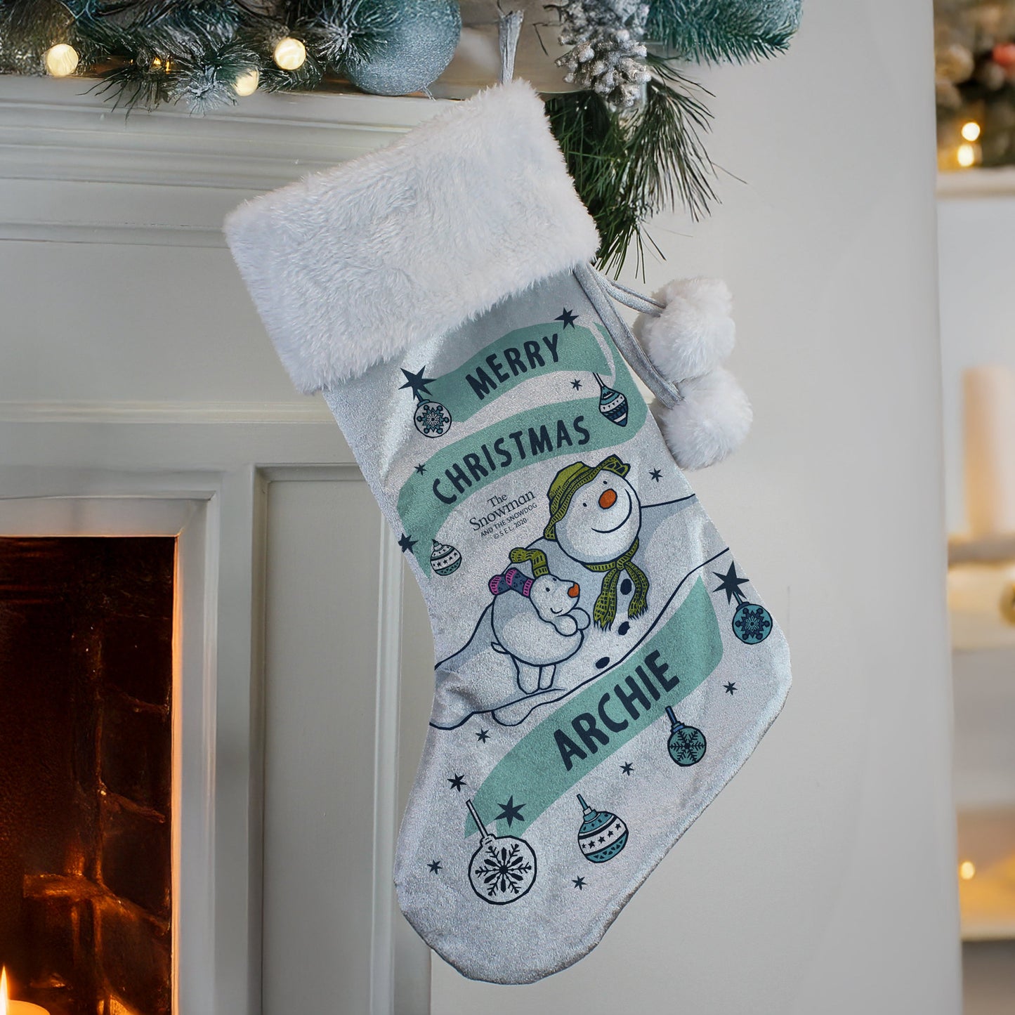 Personalised The Snowman and the Snowdog Luxury Silver Grey Stocking: 1 - Christmas Stockings By The Snowman