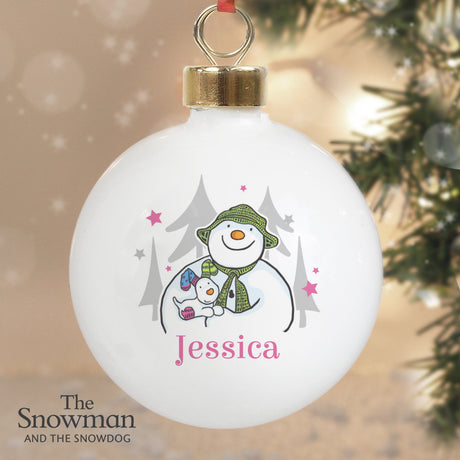 Personalised The Snowman and the Snowdog Pink Bauble: 1 - Christmas Baubles By The Snowman