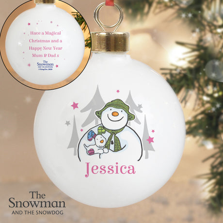 Personalised The Snowman and the Snowdog Pink Bauble: 2 - Christmas Baubles By The Snowman
