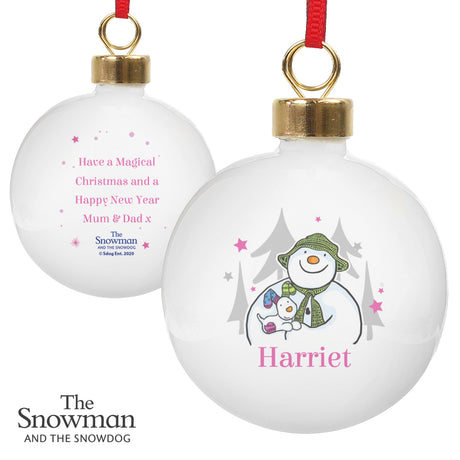 Personalised The Snowman and the Snowdog Pink Bauble: 5 - Christmas Baubles By The Snowman