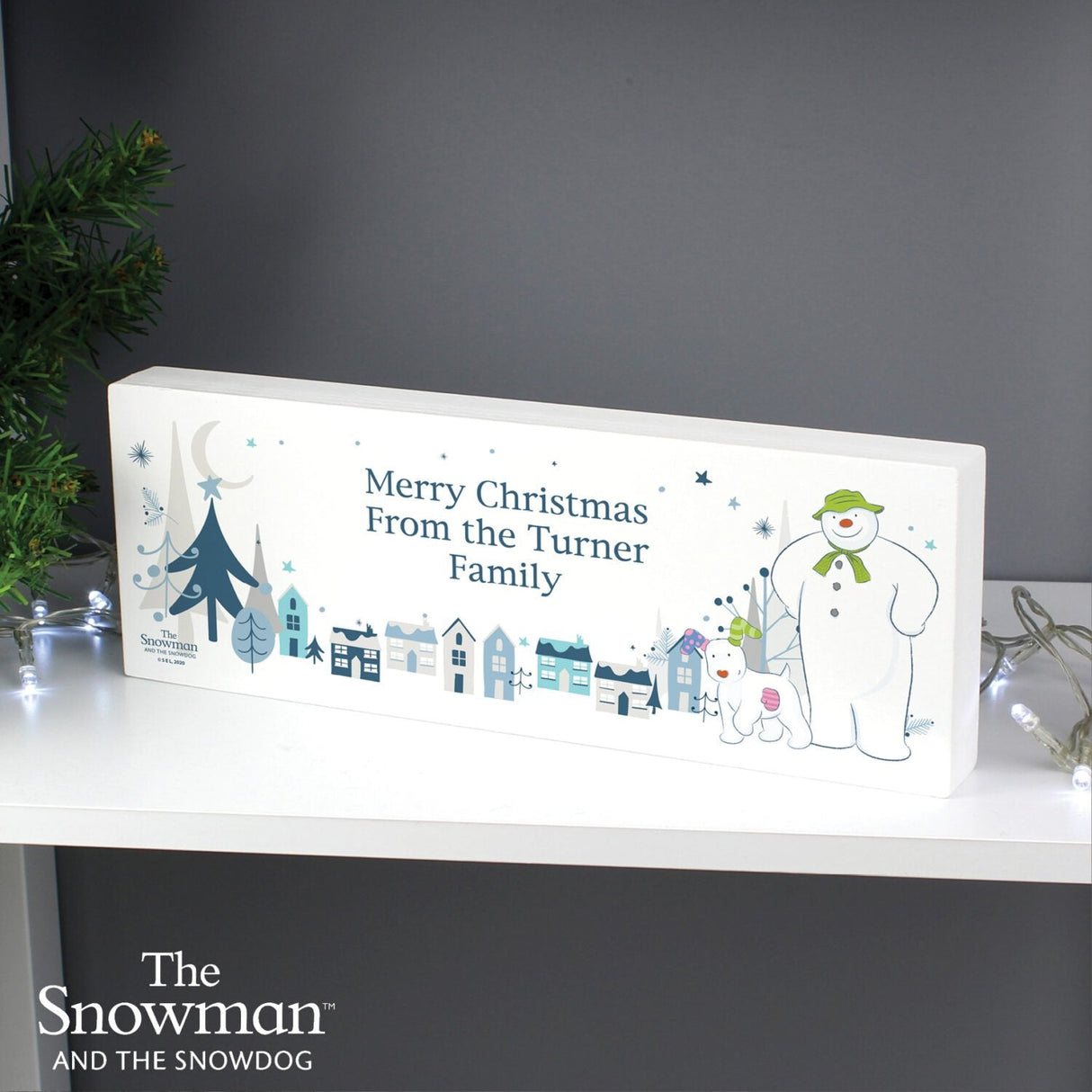 Personalised The Snowman and the Snowdog Wooden Block Sign: 2 - Christmas Decorations By The Snowman