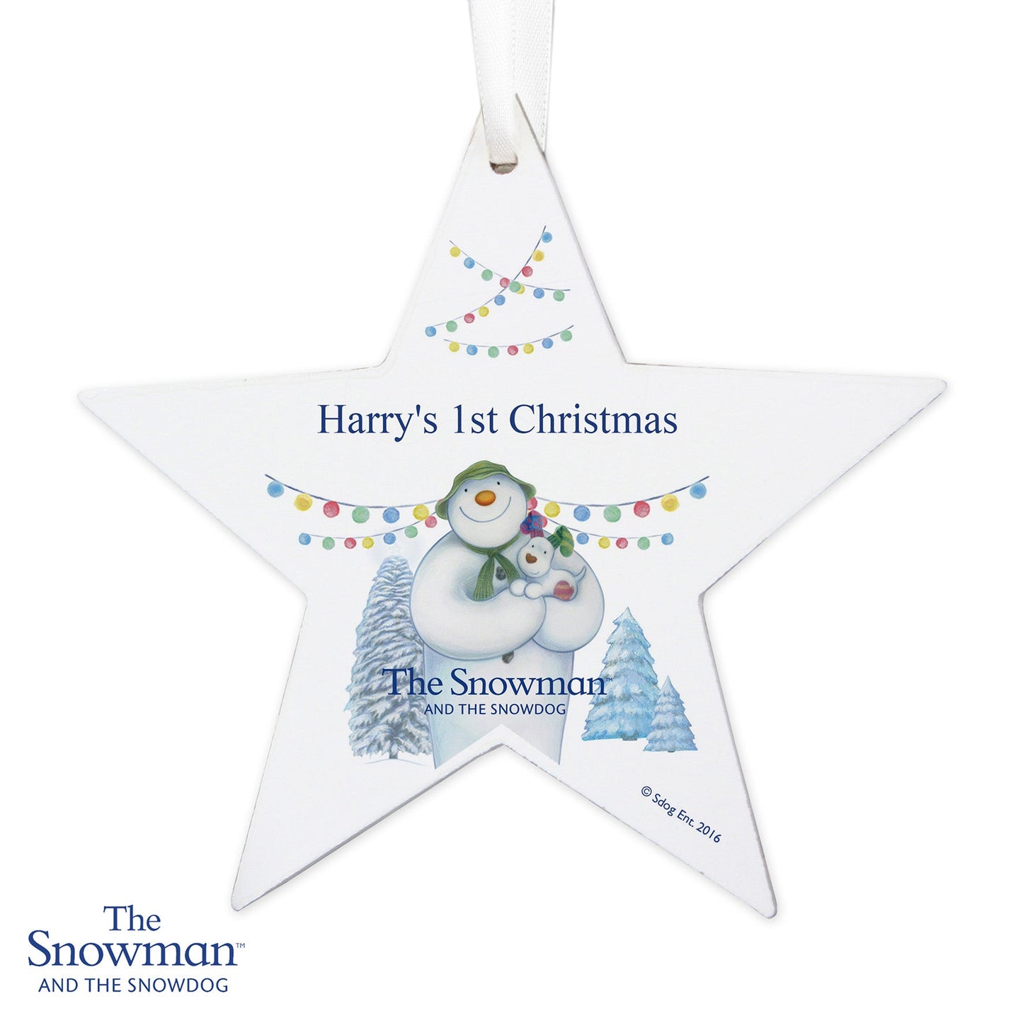 Personalised The Snowman and the Snowdog Wooden Star Decoration: 4 - Christmas Decorations By The Snowman