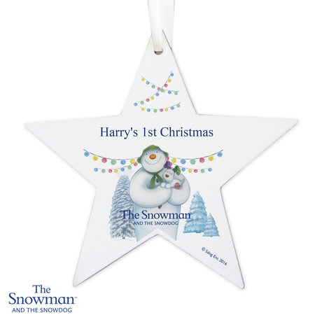 Personalised The Snowman and the Snowdog Wooden Star Decoration: 4 - Christmas Decorations By The Snowman