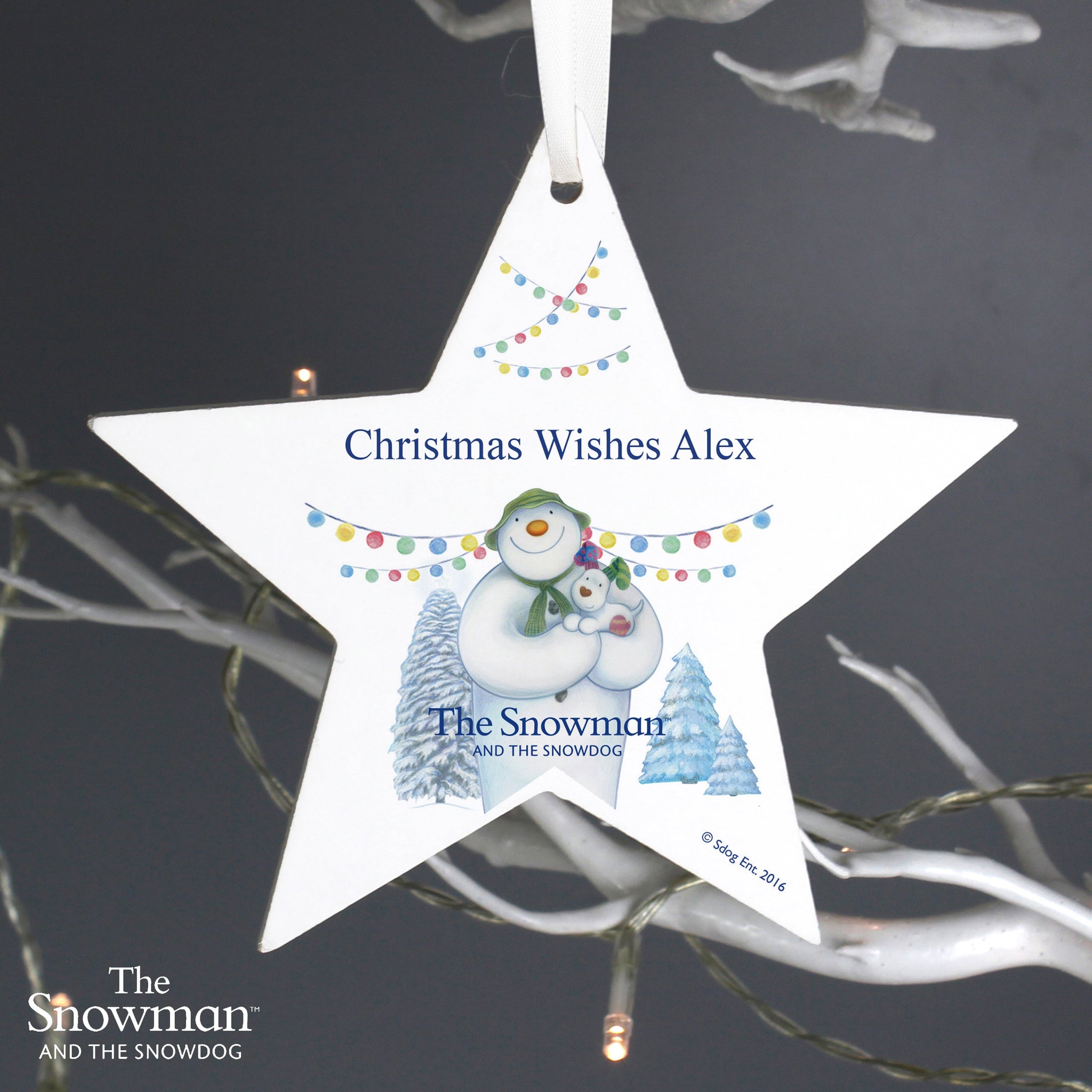 Personalised The Snowman and the Snowdog Wooden Star Decoration: 3 - Christmas Decorations By The Snowman
