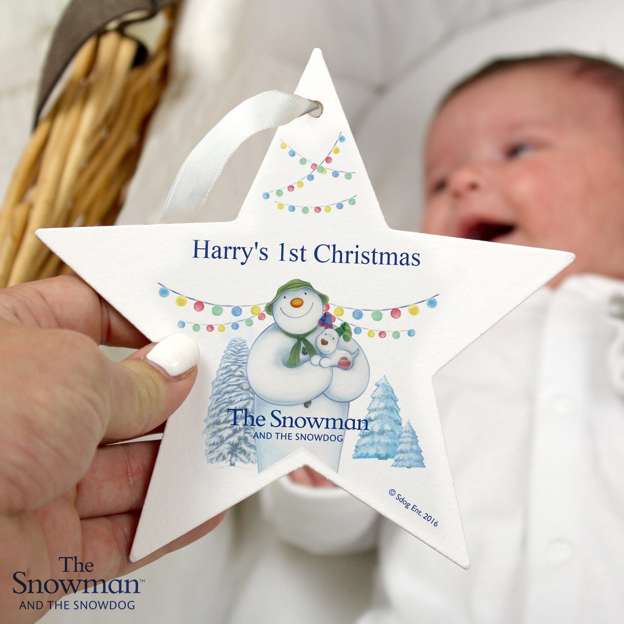 Personalised The Snowman and the Snowdog Wooden Star Decoration: 2 - Christmas Decorations By The Snowman