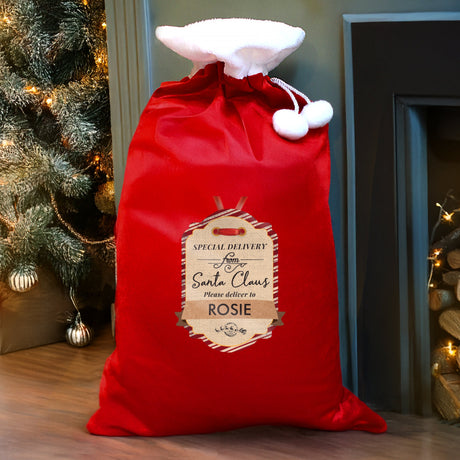Personalised Special Delivery Luxury Pom Pom Red Sack: 2 - Christmas Sacks By Gift Moments