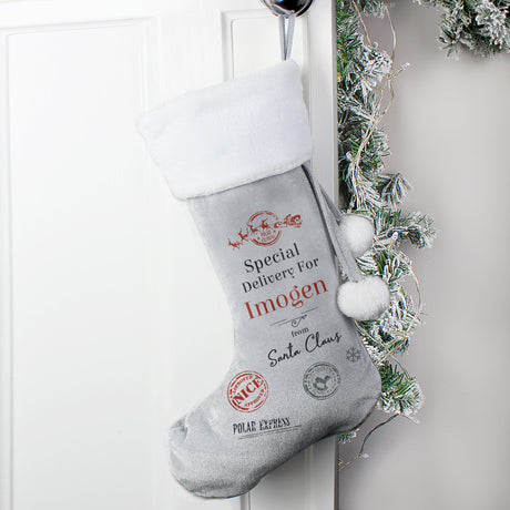 Personalised Special Delivery Silver Grey Stocking: 1 - Christmas Stockings By Gift Moments