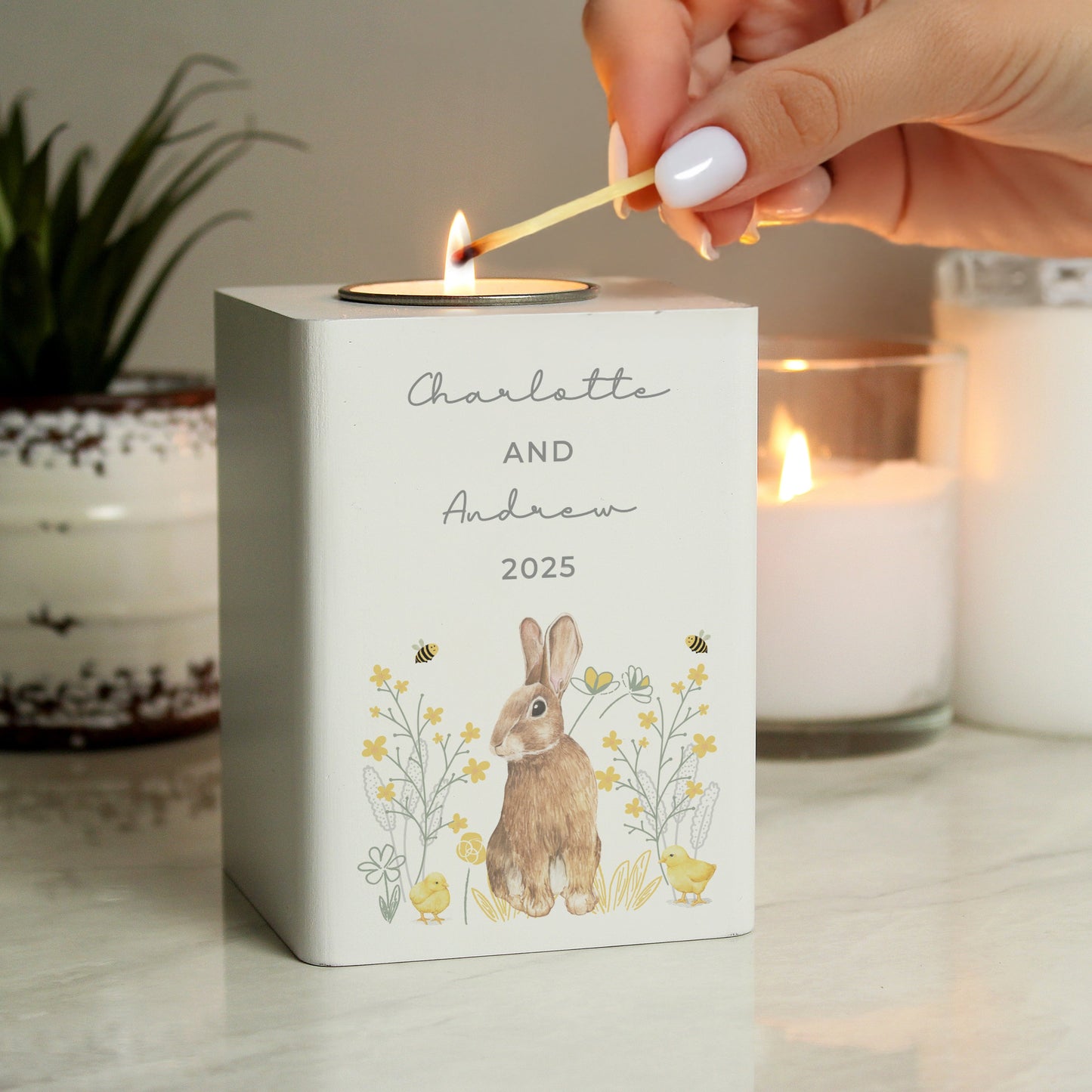 Personalised Spring Bunny Tealight Holder: 2 - Candle Holders By Gift Moments