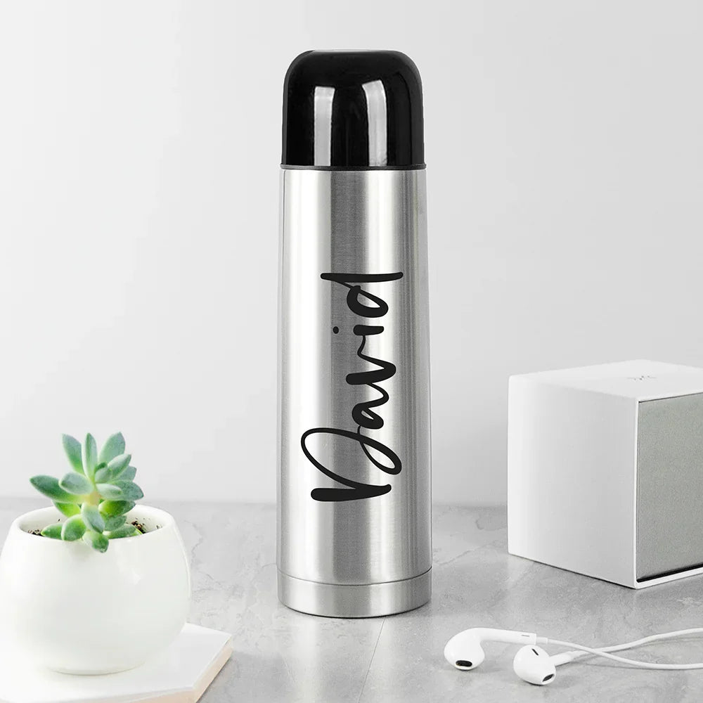 Personalised Stainless Steel Thermos: 3 - Script - Travel Mugs By Gift Moments