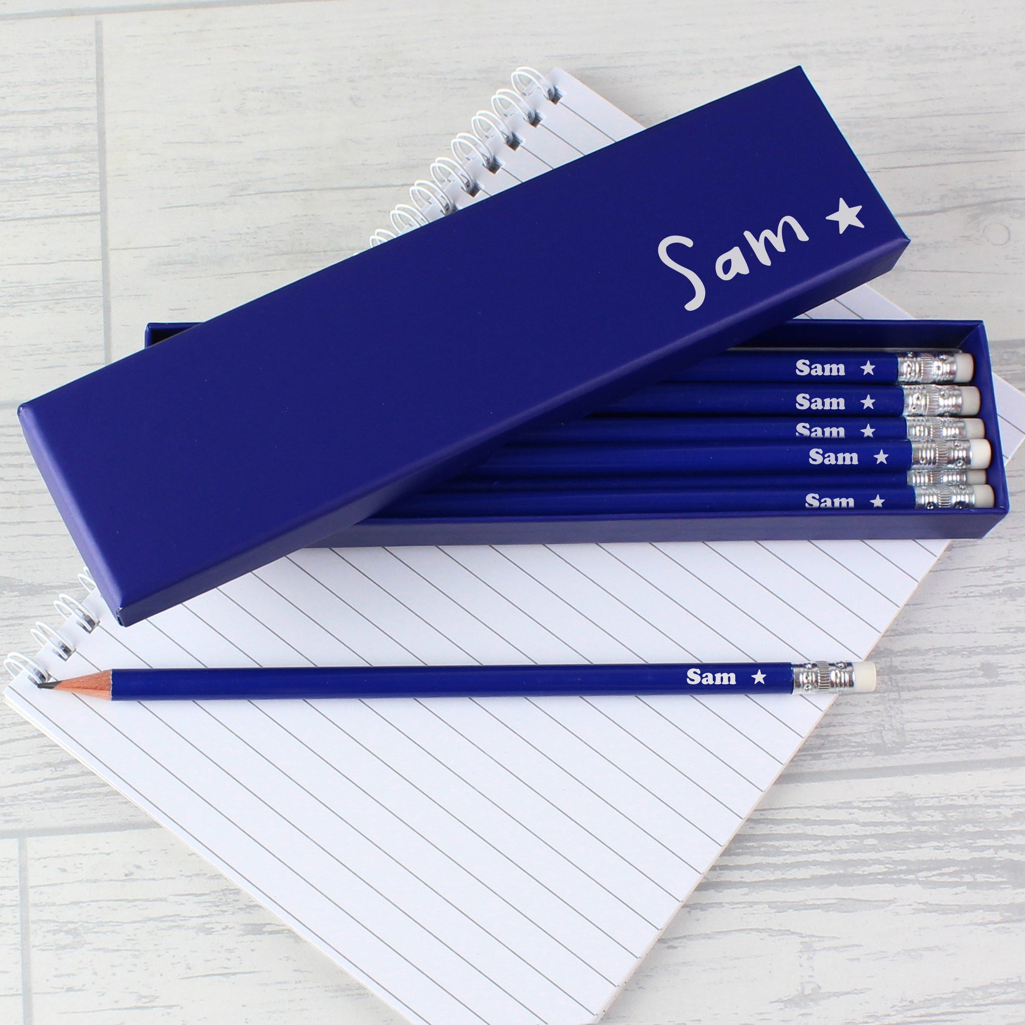 Personalised Star Box and 12 Blue HB Pencils: 2 - Pens & Pencils By Gift Moments