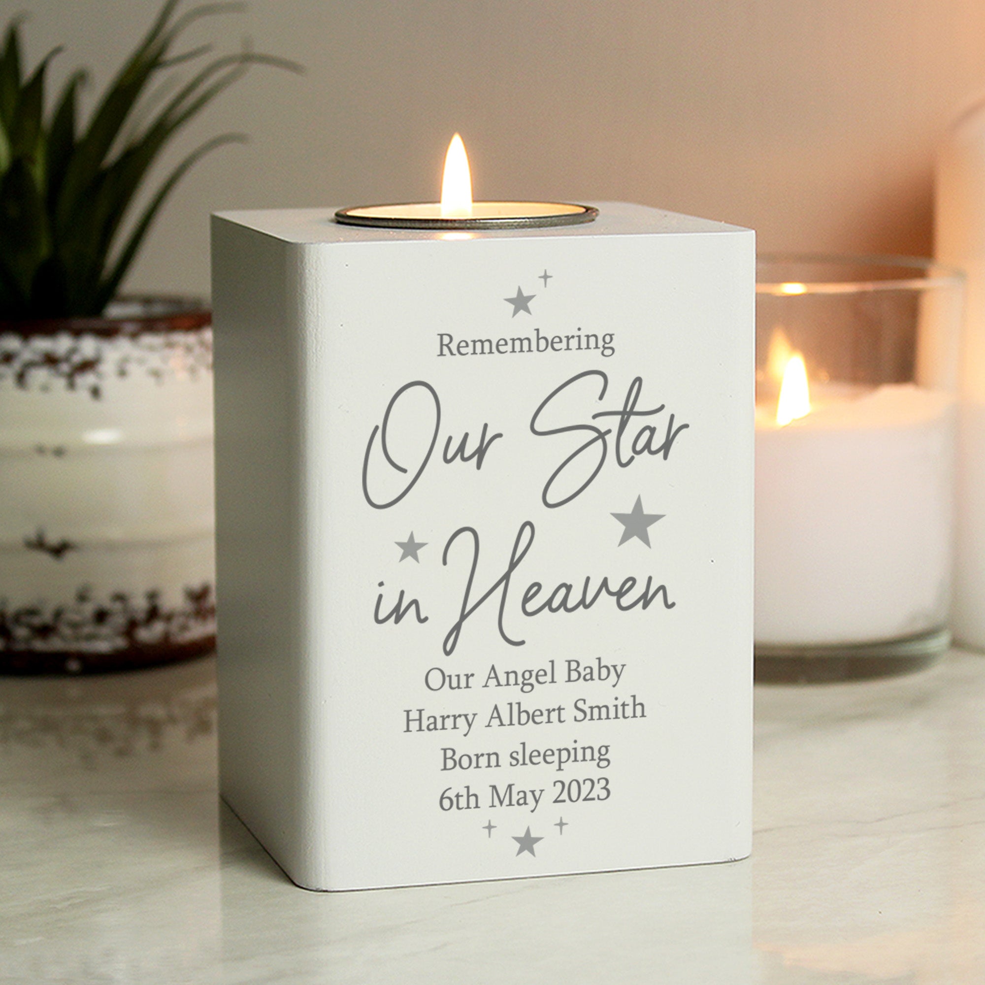 Personalised Our Star In Heaven White Wooden Tea light Holder: 2 - Candle Holders By Gift Moments