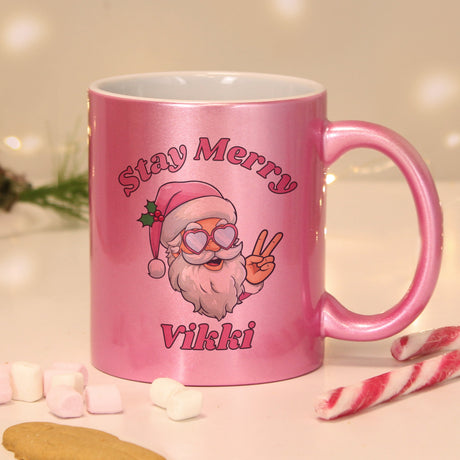 Personalised Stay Merry Santa Pink Mug: 3 - Mugs By Gift Moments