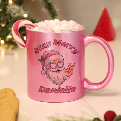 Personalised Stay Merry Santa Pink Mug: 1 - Mugs By Gift Moments