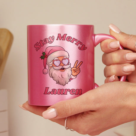 Personalised Stay Merry Santa Pink Mug: 2 - Mugs By Gift Moments
