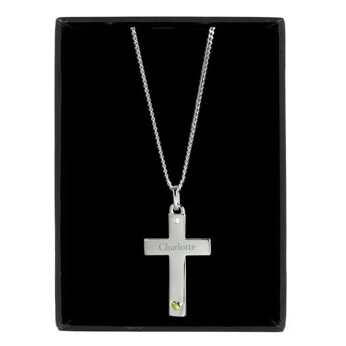 Personalised Sterling Silver Cross with 9ct Gold Heart & CZ Necklace: 3 - Necklaces By Gift Moments