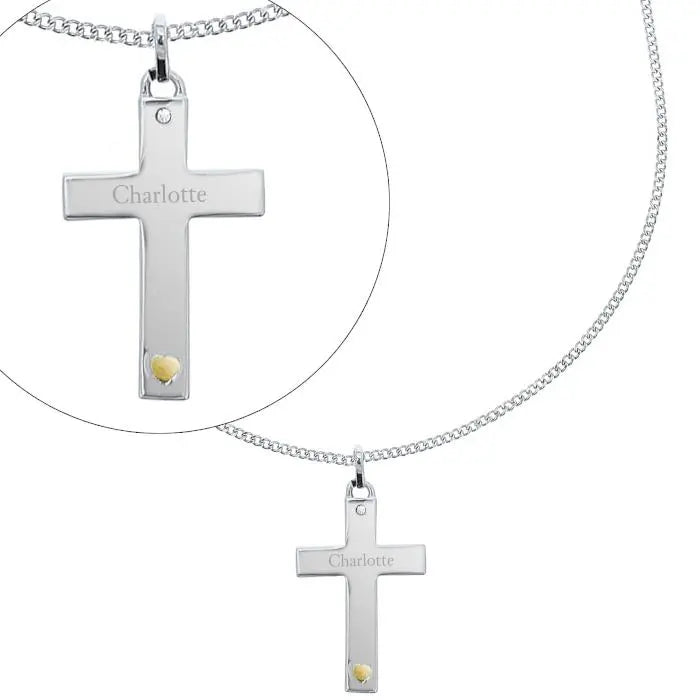 Personalised Sterling Silver Cross with 9ct Gold Heart & CZ Necklace: 5 - Necklaces By Gift Moments