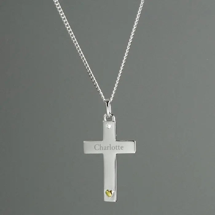 Personalised Sterling Silver Cross with 9ct Gold Heart & CZ Necklace: 1 - Necklaces By Gift Moments