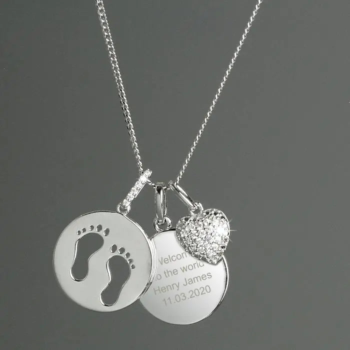 Personalised Sterling Silver Footprints and Cubic Zirconia Heart Necklace: 1 - Necklaces By Gift Moments
