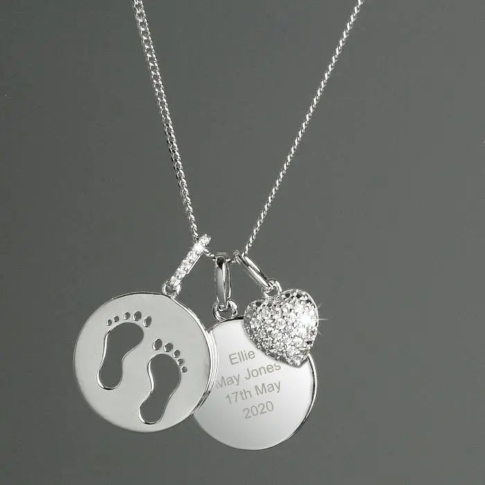 Personalised Sterling Silver Footprints and Cubic Zirconia Heart Necklace: 4 - Necklaces By Gift Moments
