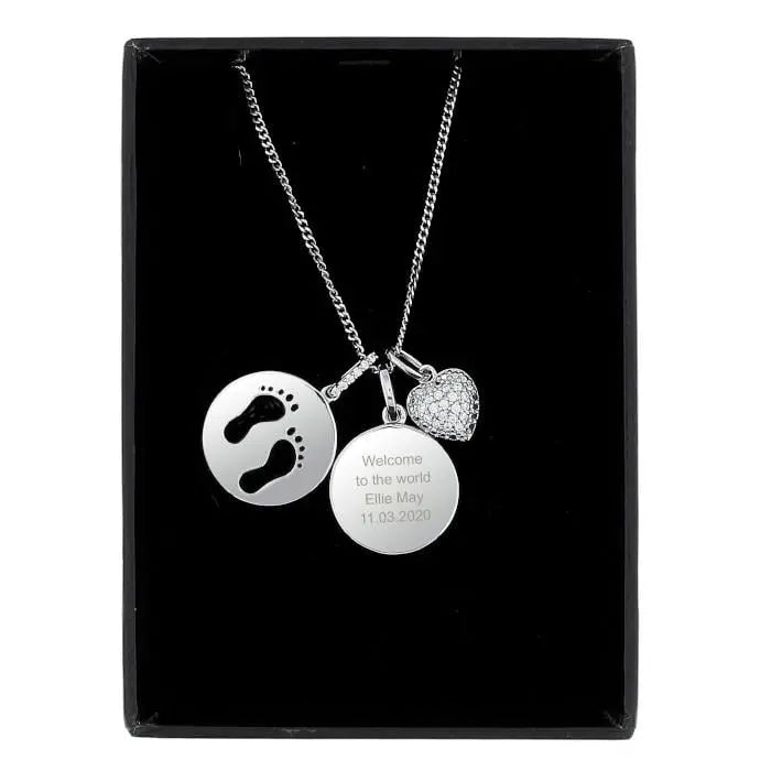 Personalised Sterling Silver Footprints and Cubic Zirconia Heart Necklace: 2 - Necklaces By Gift Moments