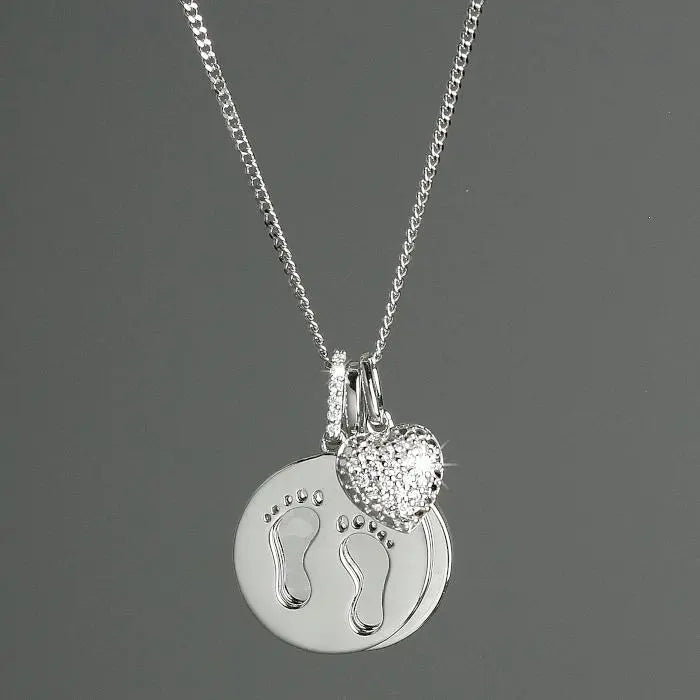 Personalised Sterling Silver Footprints and Cubic Zirconia Heart Necklace: 5 - Necklaces By Gift Moments
