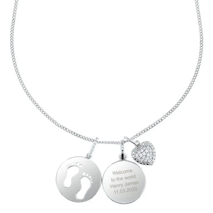 Personalised Sterling Silver Footprints and Cubic Zirconia Heart Necklace: 3 - Necklaces By Gift Moments