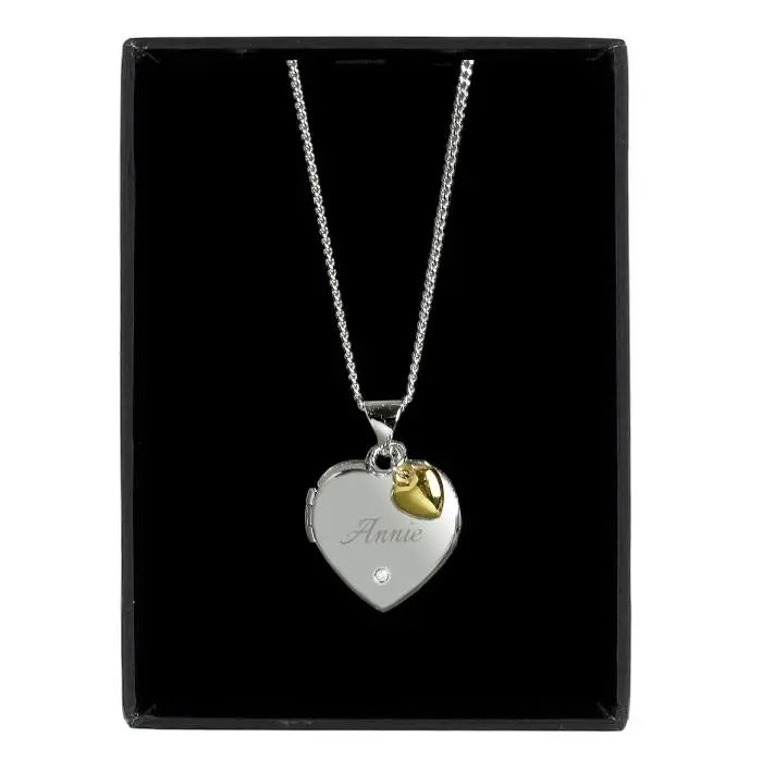 Personalised Sterling Silver Heart Locket Necklace with Diamond and 9ct Gold Charm: 5 - Necklaces By Gift Moments