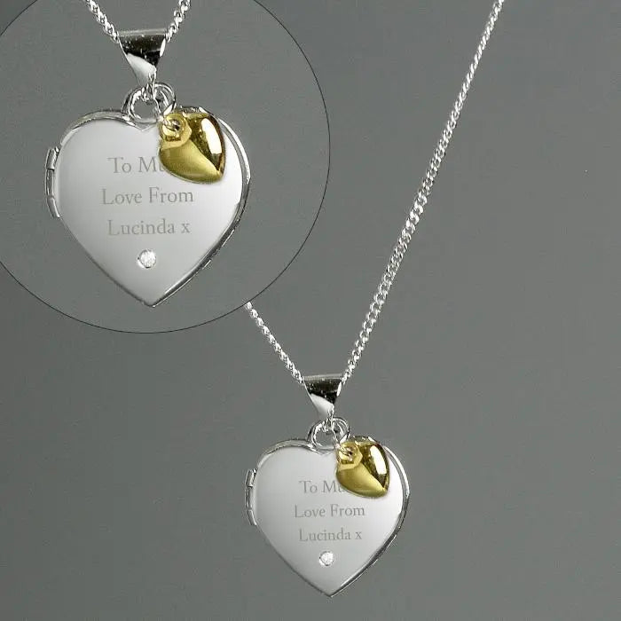 Personalised Sterling Silver Heart Locket Necklace with Diamond and 9ct Gold Charm: 2 - Necklaces By Gift Moments
