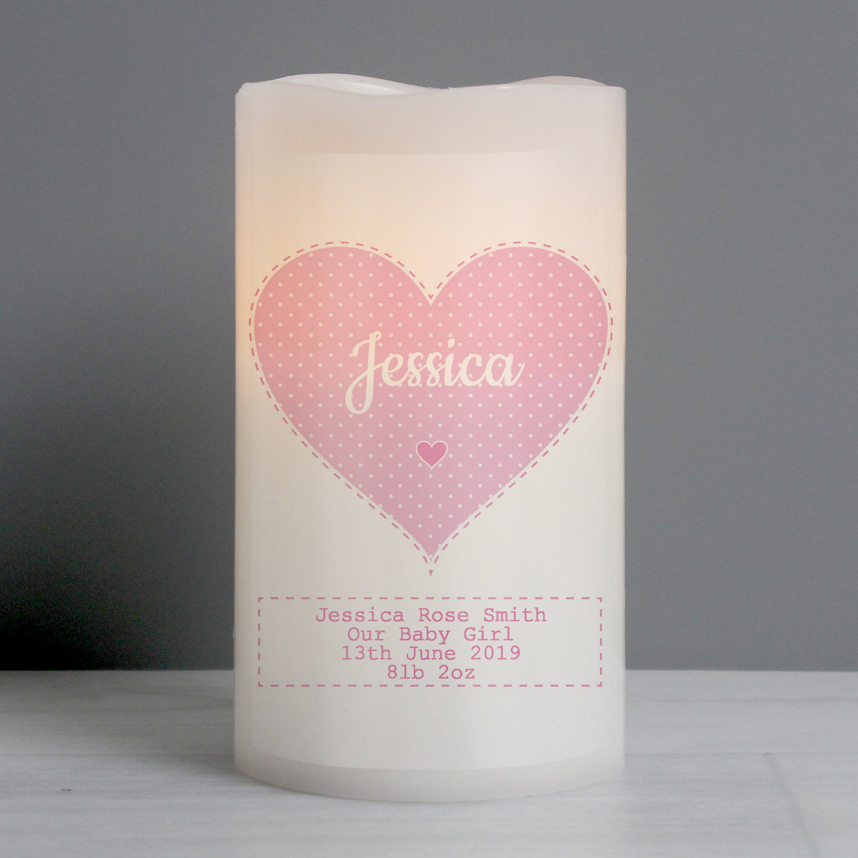 Personalised Stitch & Dot Baby Girl Night Light LED Candle: 1 - LED Lighting By Gift Moments