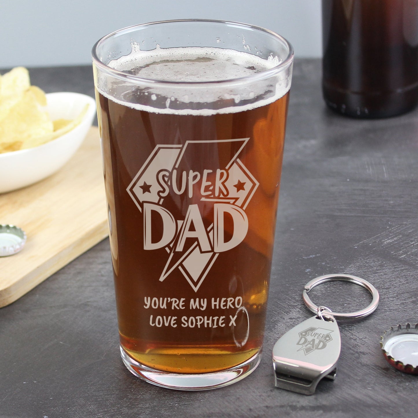 Personalised Super Dad Pint Glass & Bottle Opener: 3 - Beer Glasses By Gift Moments