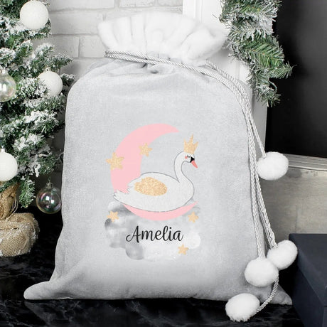 Personalised Swan Lake Luxury Silver Grey Pom Pom Sack: 2 - Christmas Sacks By Gift Moments