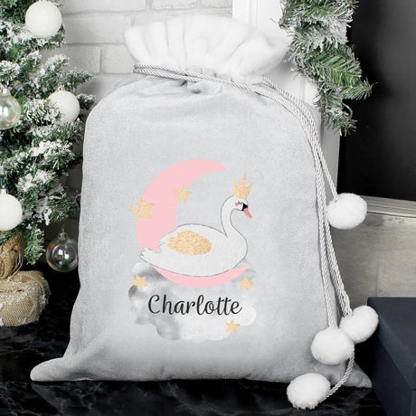 Personalised Swan Lake Luxury Silver Grey Pom Pom Sack: 1 - Christmas Sacks By Gift Moments