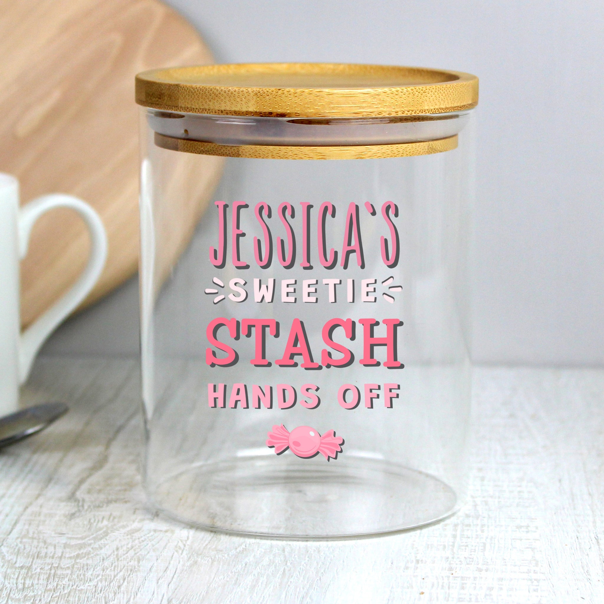 Personalised Sweetie Stash Glass Jar with Bamboo Lid: 4 - Storage By Gift Moments