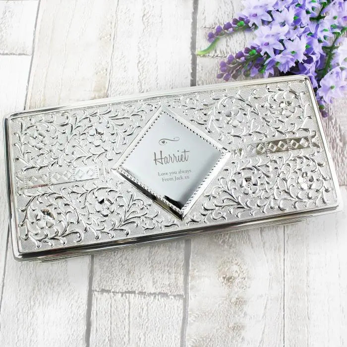 Personalised Swirls & Hearts Antique Silver Plated Jewellery Box - Shop Jewellery Boxes At Gift Moments - 1