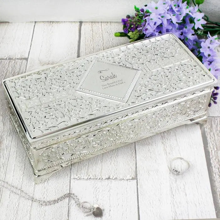Personalised Swirls & Hearts Antique Silver Plated Jewellery Box - Shop Jewellery Boxes At Gift Moments - 5