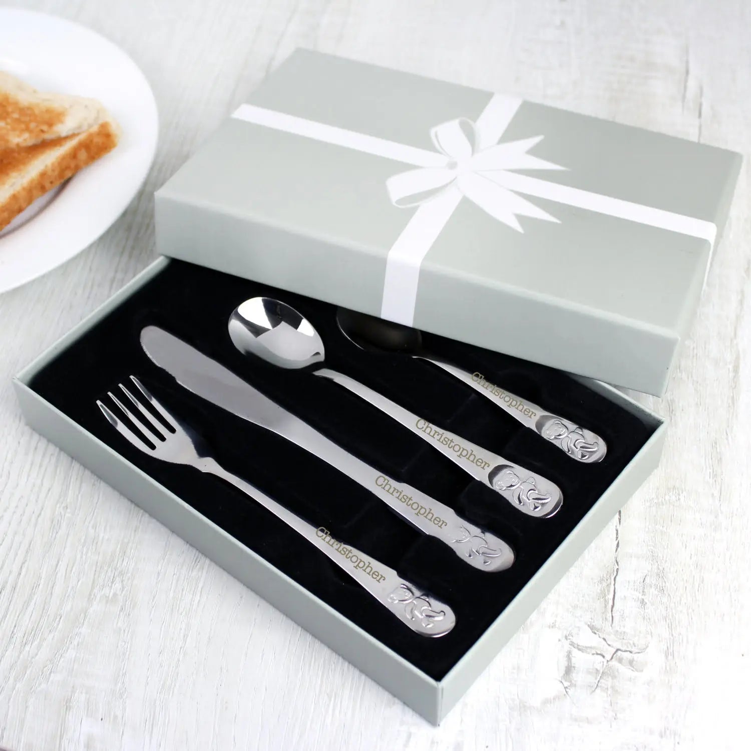 Personalised Teddy 4 Piece Embossed Cutlery Set - Shop Cutlery Sets At Gift Moments - 1