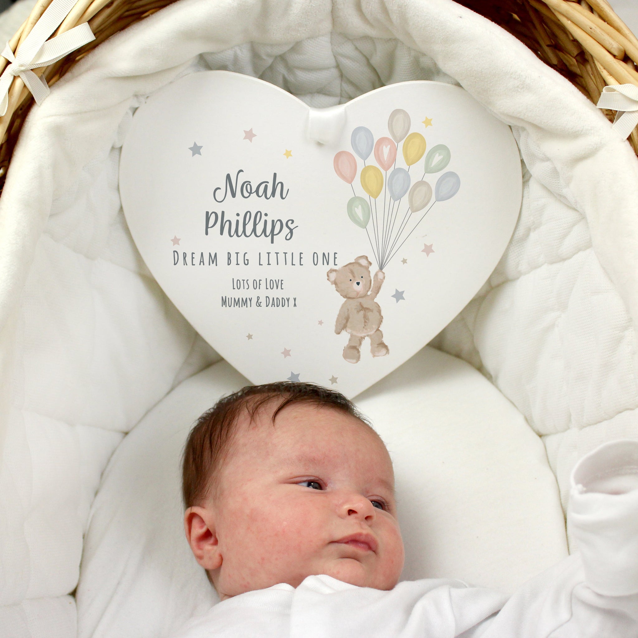 Personalised Teddy & Balloons White Wooden Heart: 2 - Decorations By Gift Moments