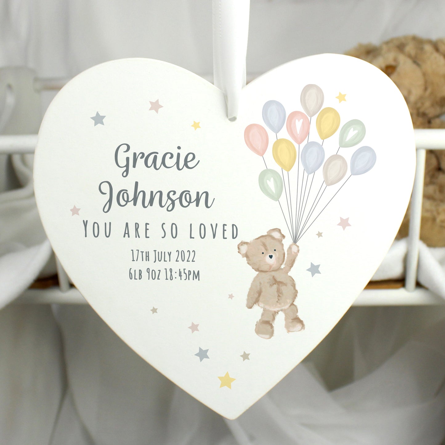 Personalised Teddy & Balloons White Wooden Heart: 3 - Decorations By Gift Moments