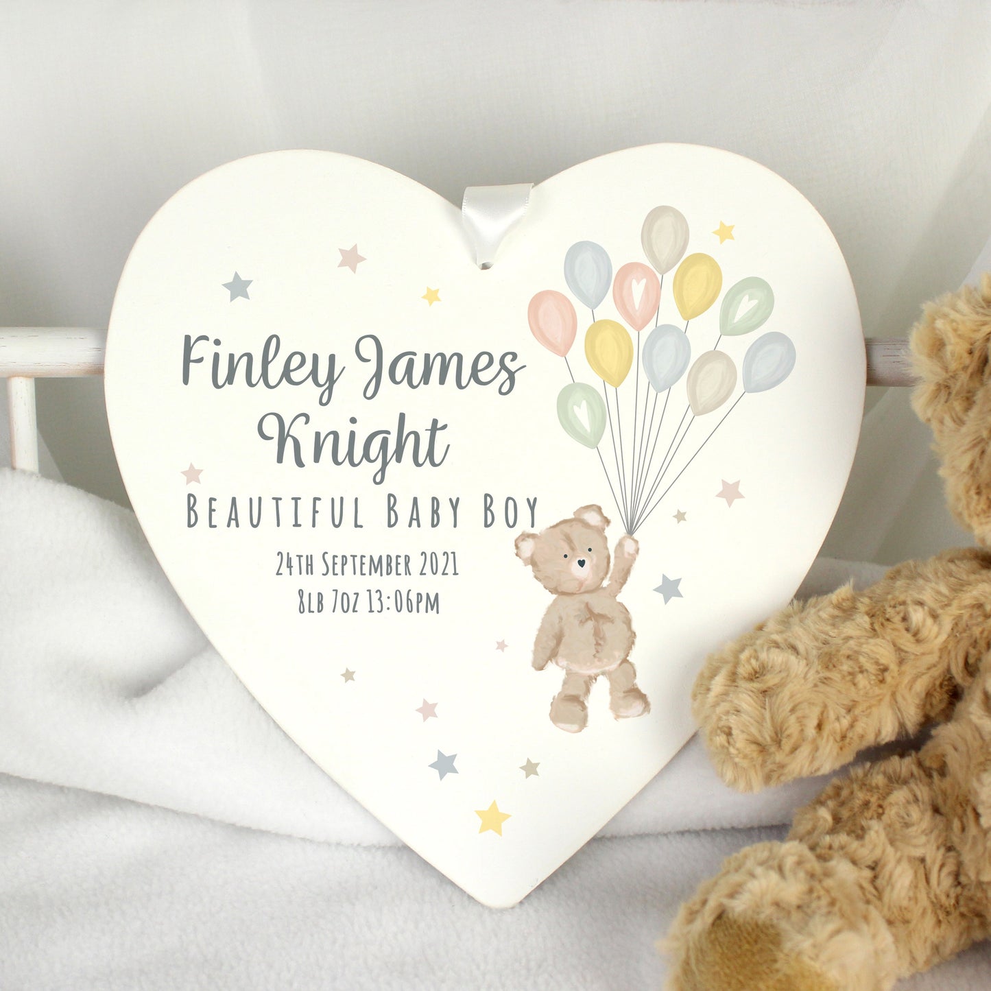 Personalised Teddy & Balloons White Wooden Heart: 1 - Decorations By Gift Moments