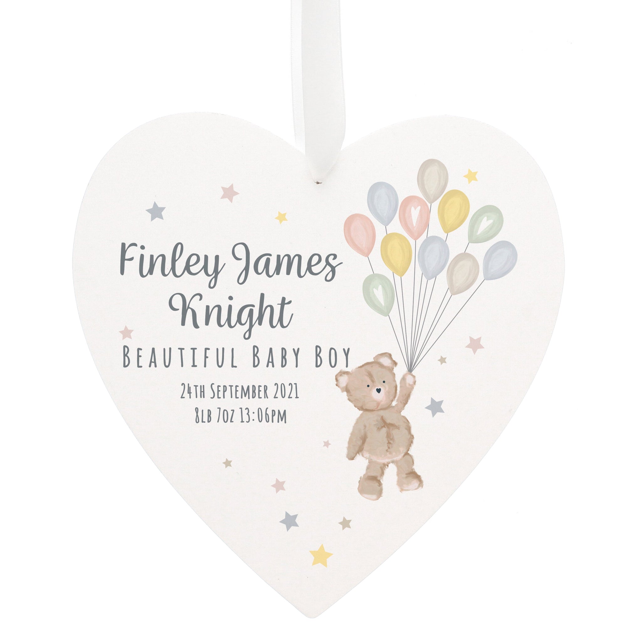Personalised Teddy & Balloons White Wooden Heart: 4 - Decorations By Gift Moments