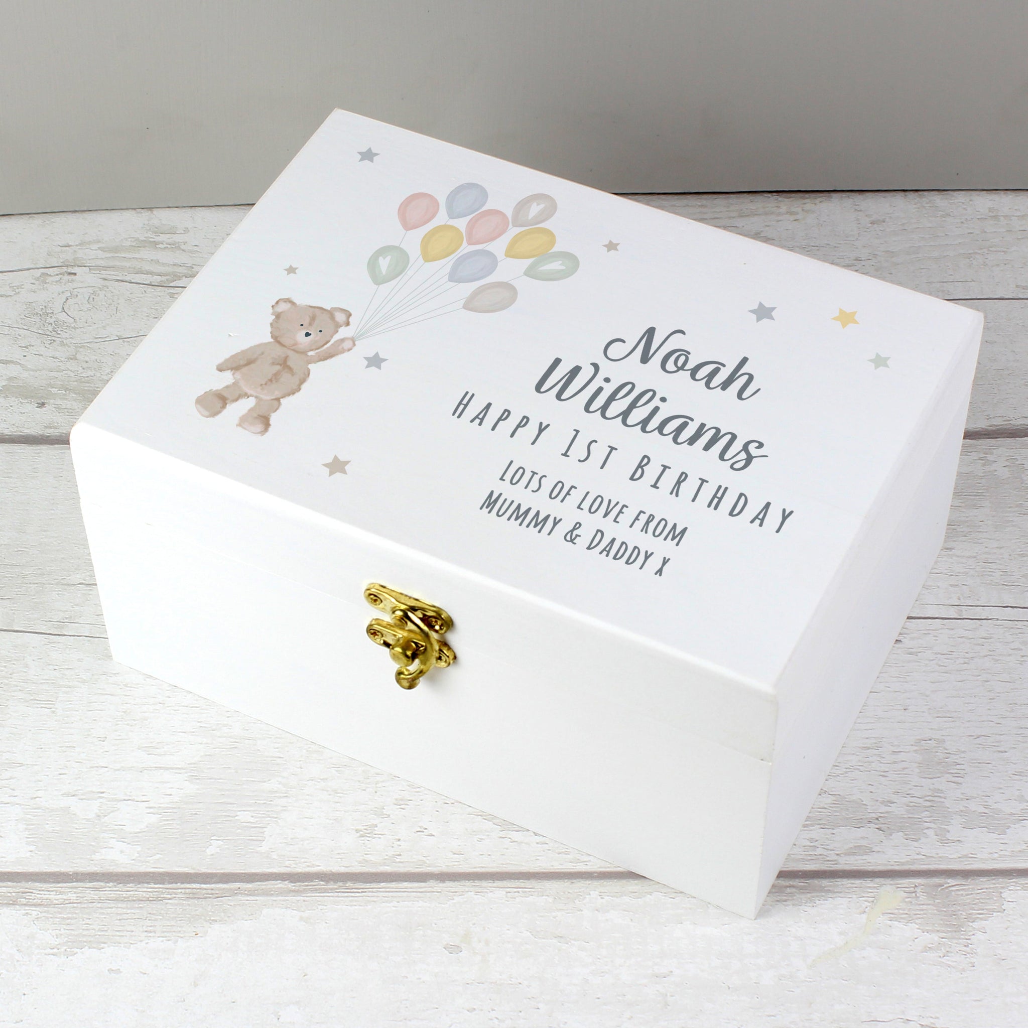 Personalised Teddy & Balloons White Wooden Keepsake Box: 5 - Keepsake Boxes By Gift Moments