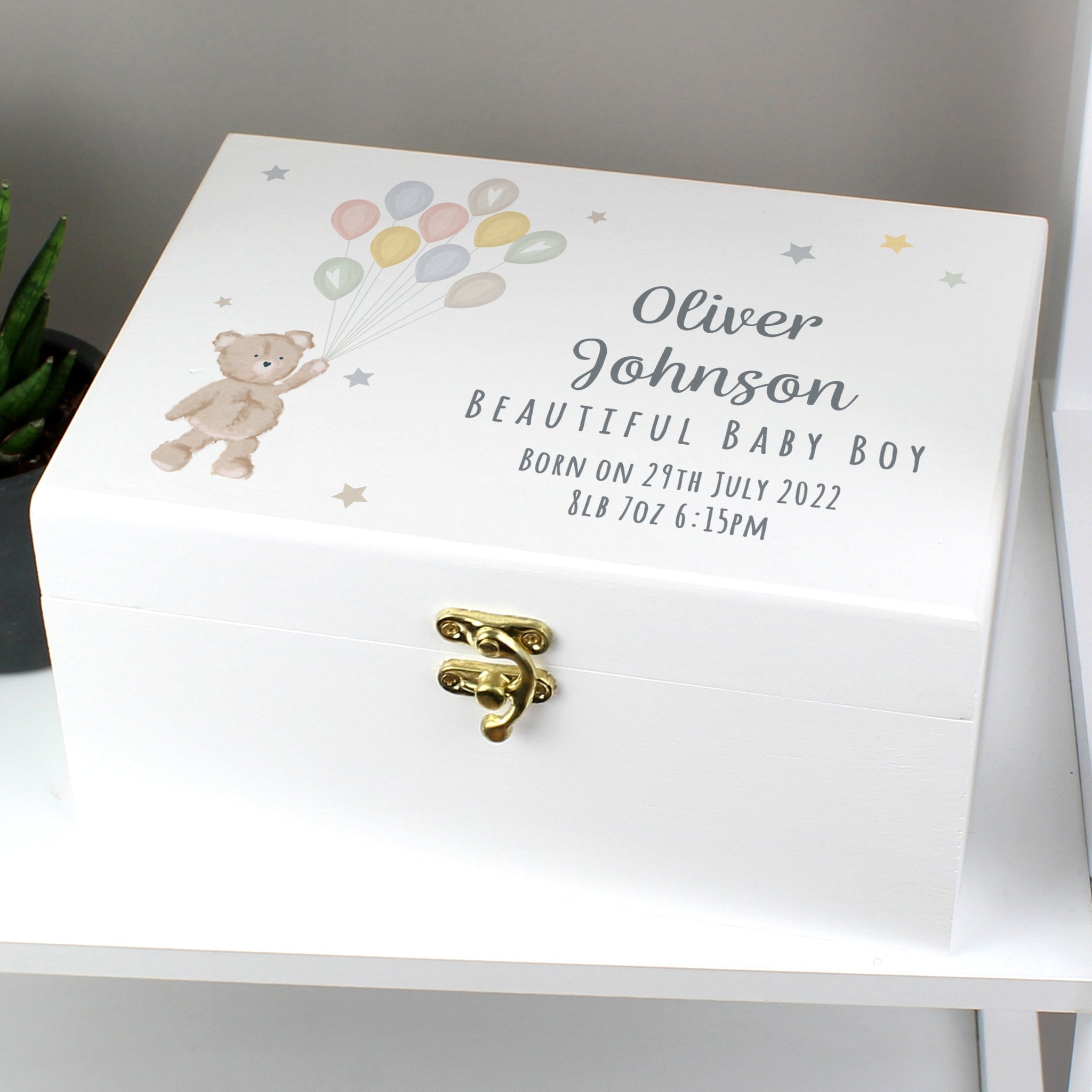 Personalised Teddy & Balloons White Wooden Keepsake Box: 3 - Keepsake Boxes By Gift Moments