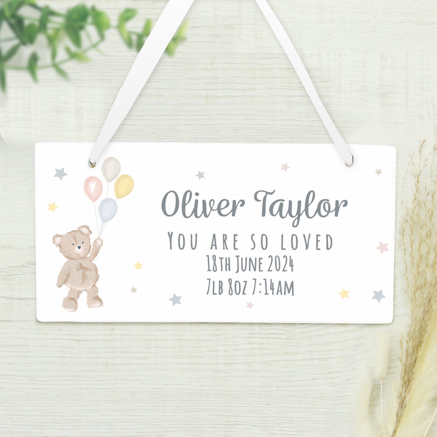 Personalised Teddy & Balloons White Wooden Sign: 2 - Signs & Plaques By Gift Moments
