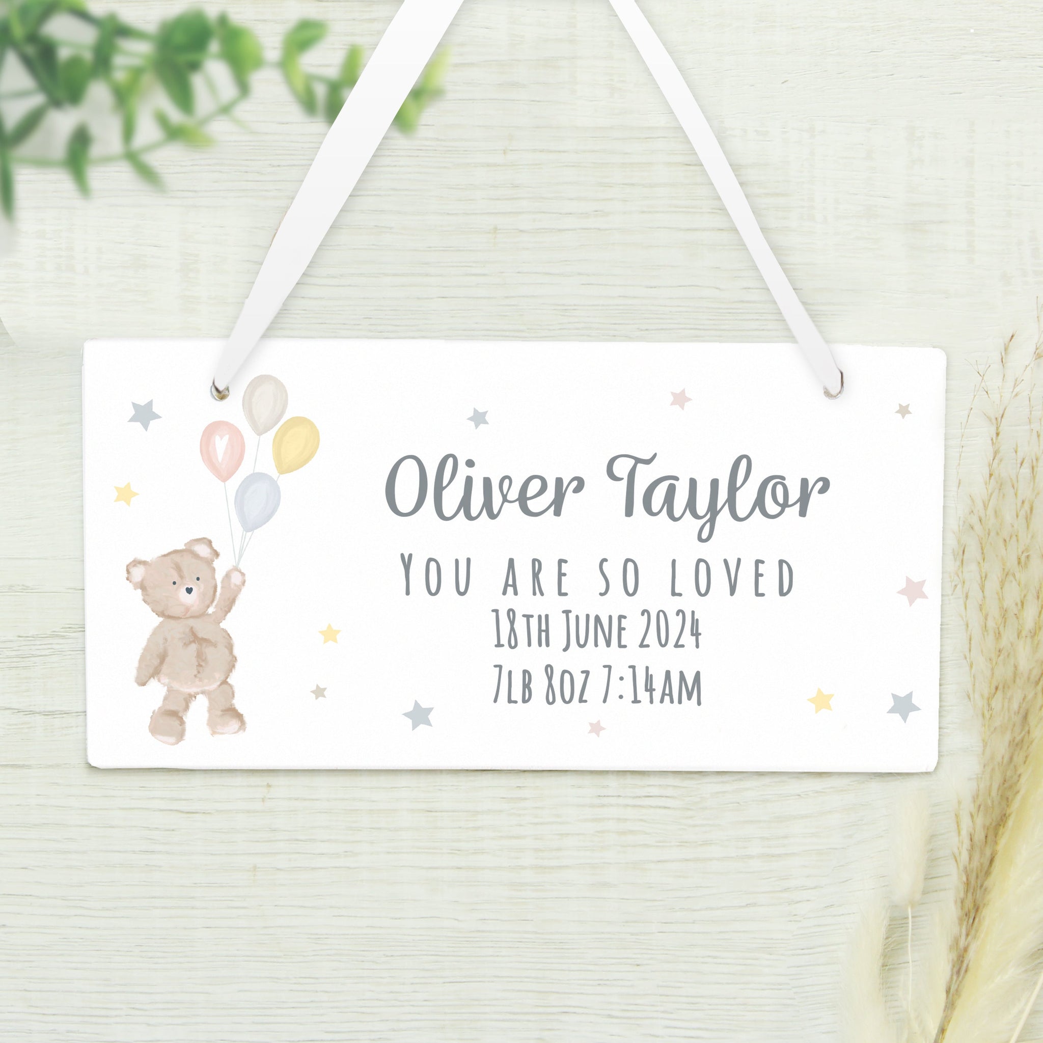 Personalised Teddy & Balloons White Wooden Sign: 2 - Signs & Plaques By Gift Moments
