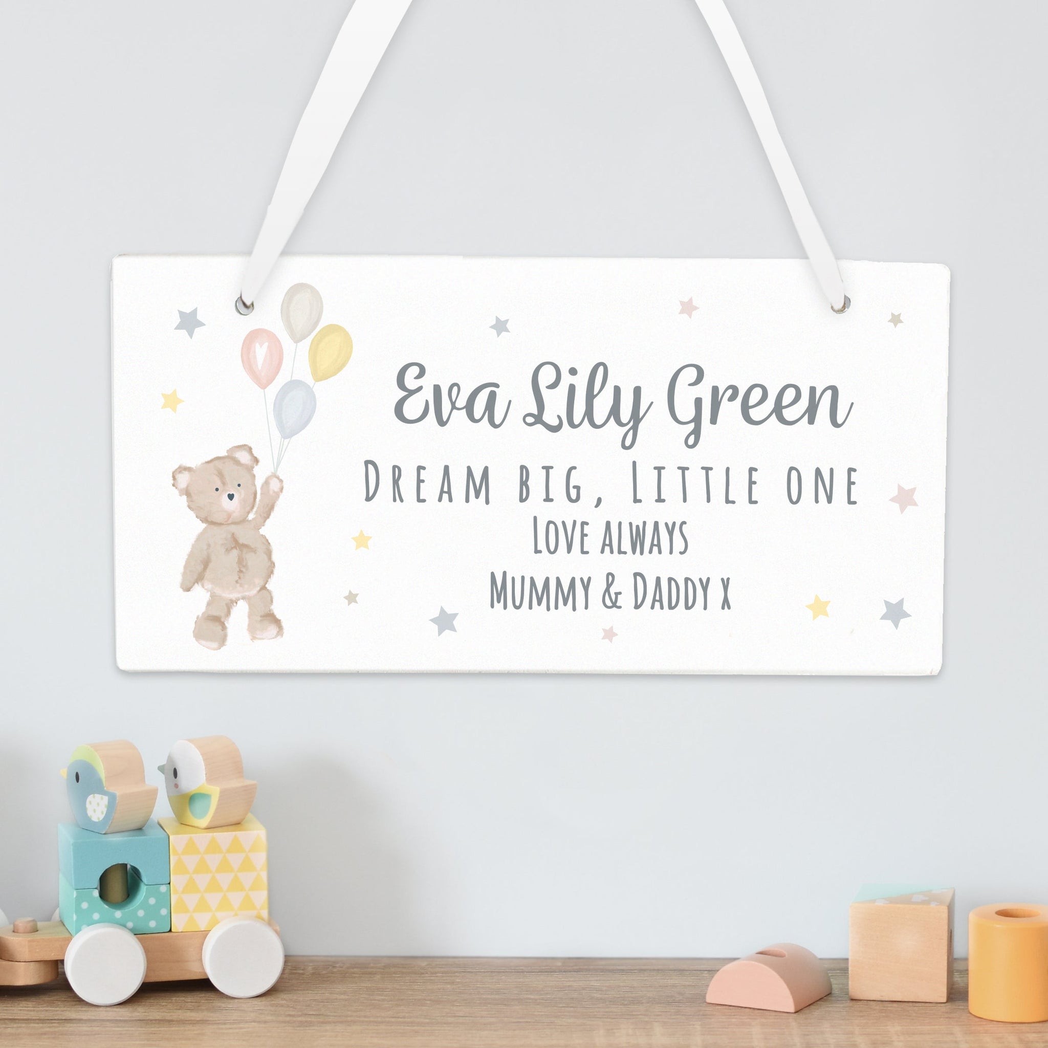 Personalised Teddy & Balloons White Wooden Sign: 3 - Signs & Plaques By Gift Moments