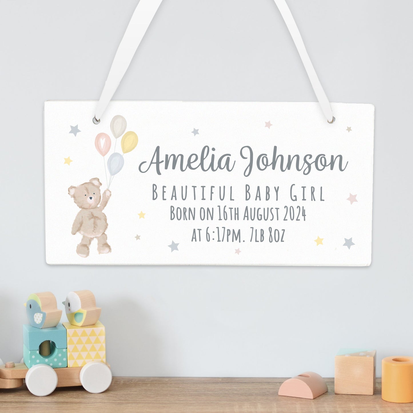 Personalised Teddy & Balloons White Wooden Sign: 1 - Signs & Plaques By Gift Moments