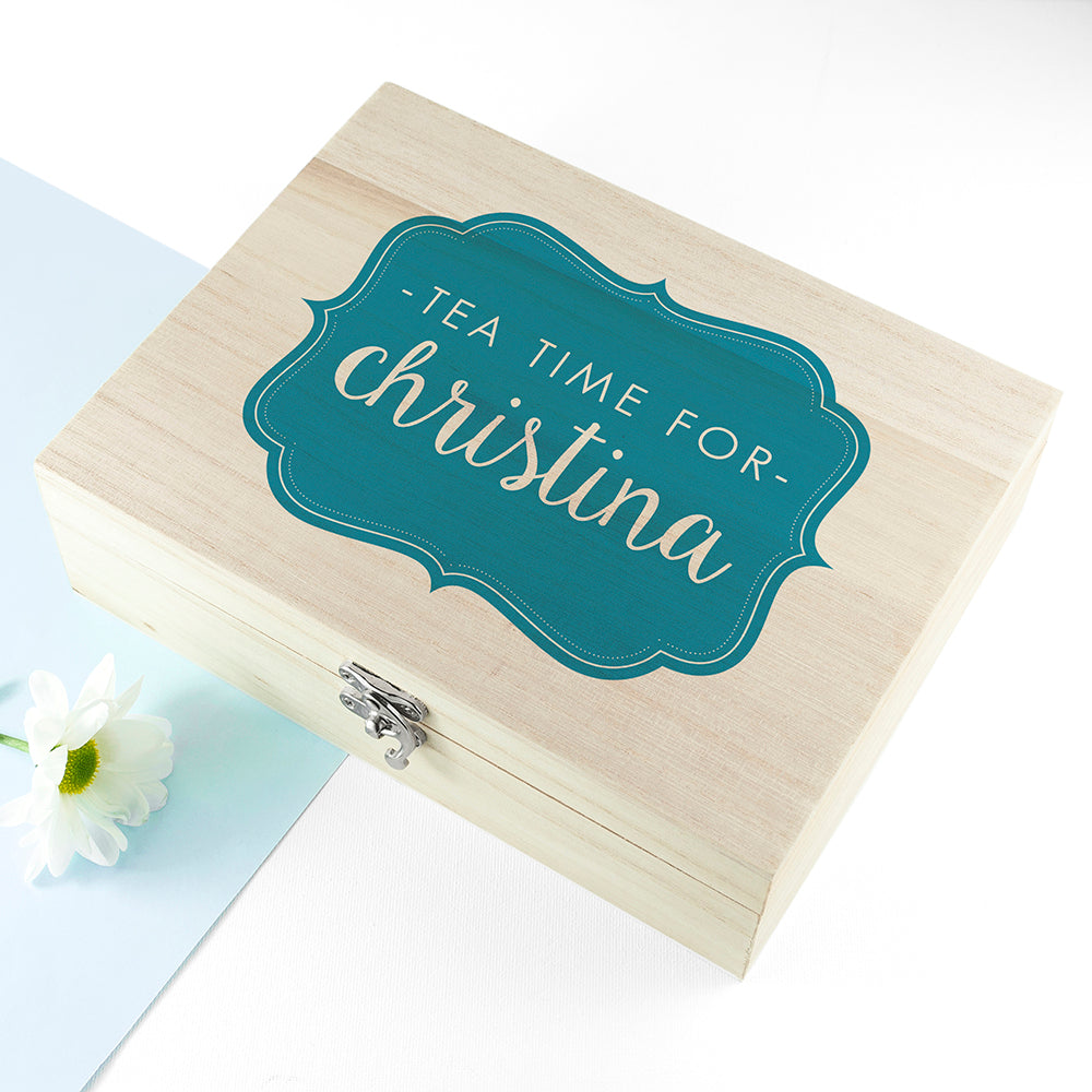 Personalised Time For Tea! Coloured Tea Box Selection: 3 Blue Tea Boxes By Gift Moments