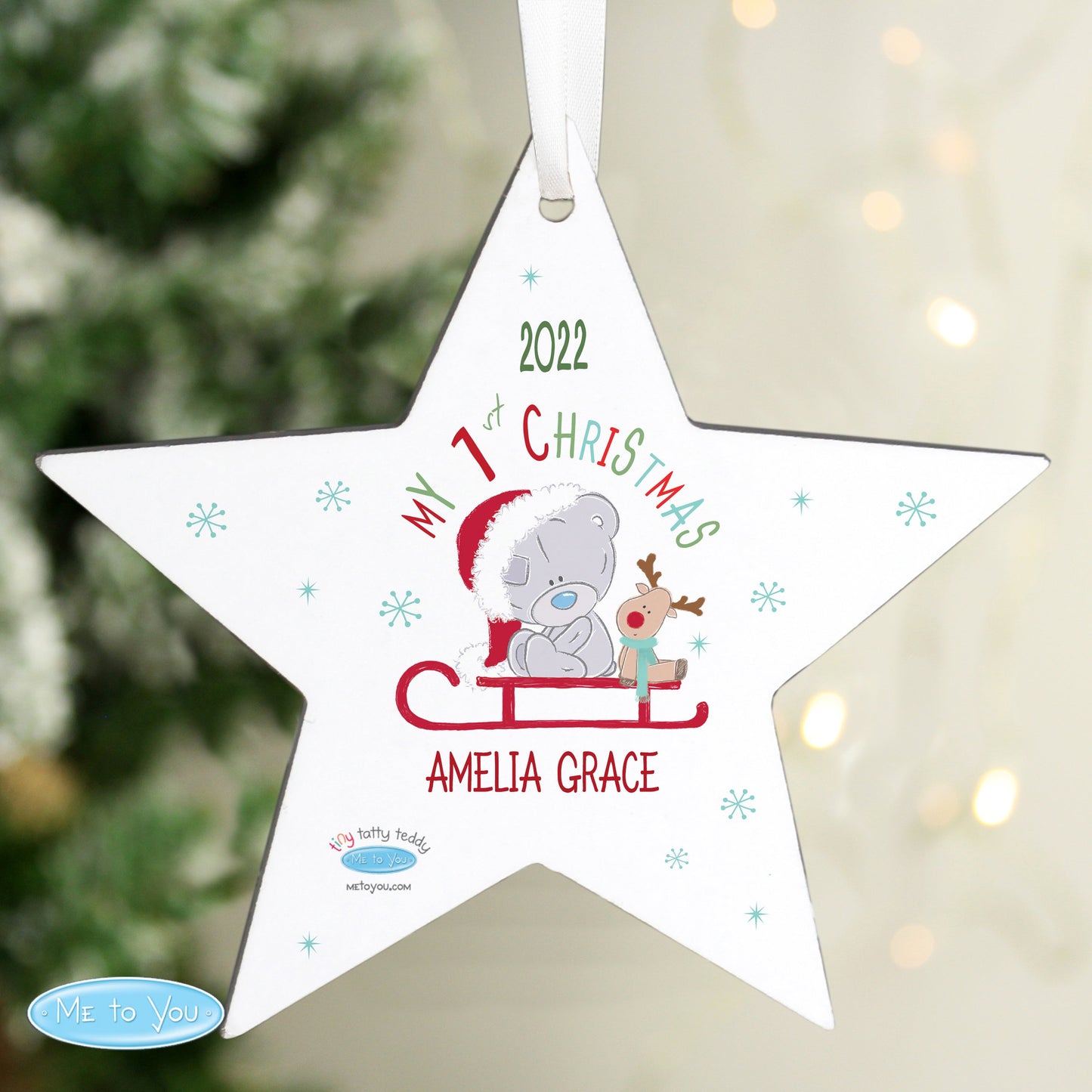 Personalised Tiny Tatty Teddy My 1st Christmas Sleigh Wooden Star Decoration: 1 - Christmas Decorations By Gift Moments