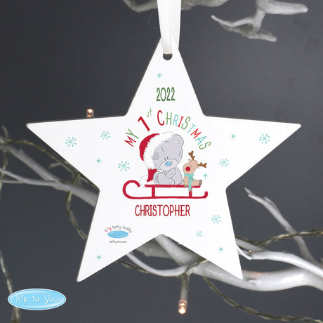 Personalised Tiny Tatty Teddy My 1st Christmas Sleigh Wooden Star Decoration: 2 - Christmas Decorations By Gift Moments