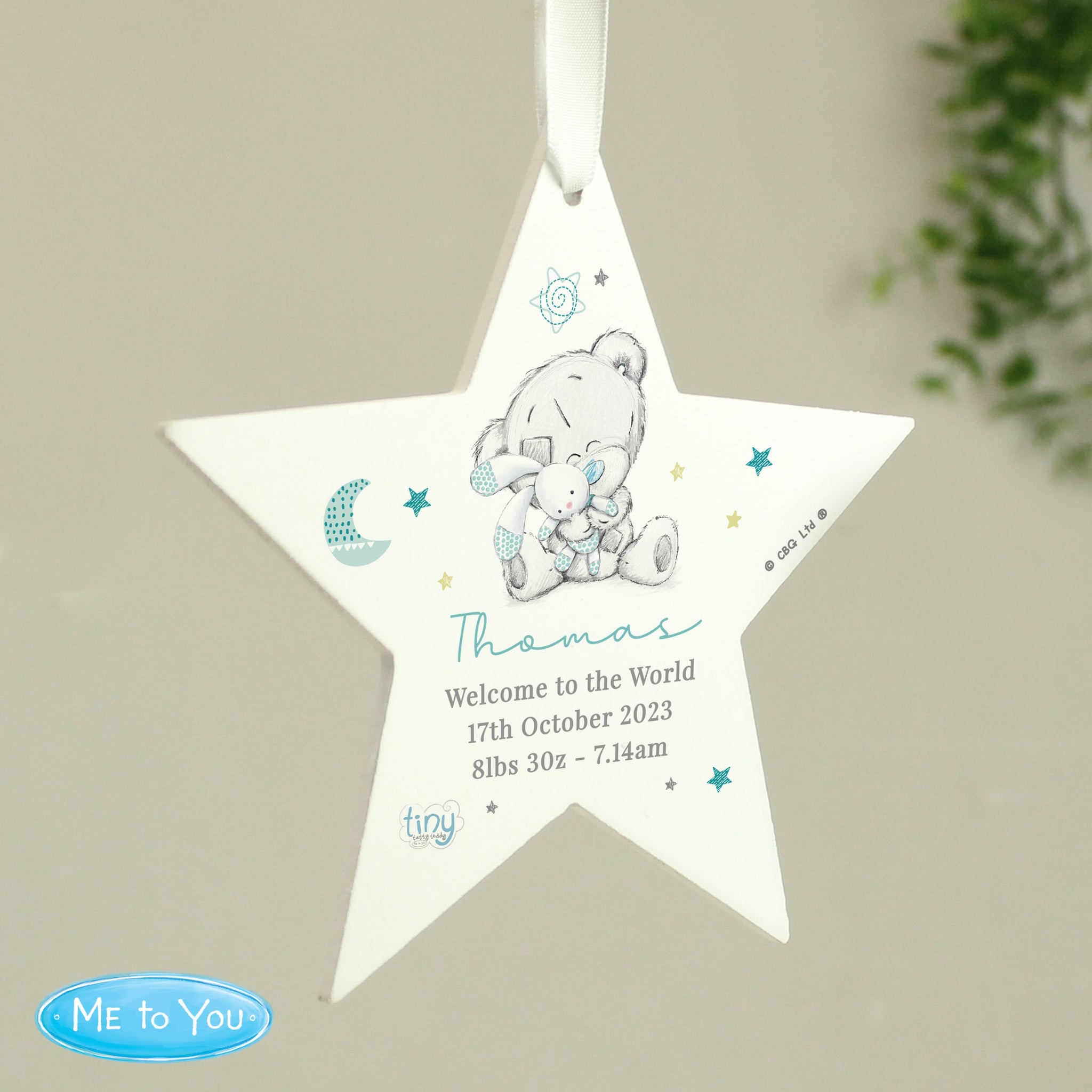 Personalised Tiny Tatty Teddy Blue Wooden Star Decoration: 3 - Decorations